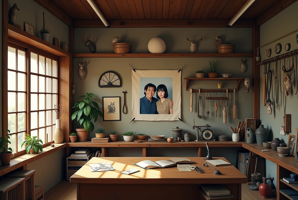 ((Japanese countryside))Taxidermy studio in、Old photos on the wall、The photo was of a smiling Japanese taxidermist and a young Japanese woman.、That&#39;s how it is々Tools were hanging(((It was pinned to the wall of the workshop.)))