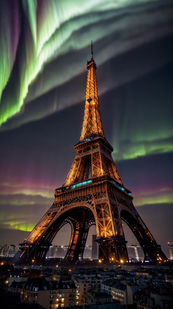 A striking double exposure concept unveils itself in a vivid watercolor rendering, portraying the Eiffel Tower amidst the vibrant spectacle of a powerful aurora borealis. Sweeping hues of yellow and black dance across the sky like invisible liquid ink, giving viewers a mesmerizing spectacle. Incorporating sharp focus, this studio photo by Greg Rutkowski is currently trending on Artstation for its intricate and highly detailed rendition. As, Watercolor, trending on artstation, sharp focus, studio