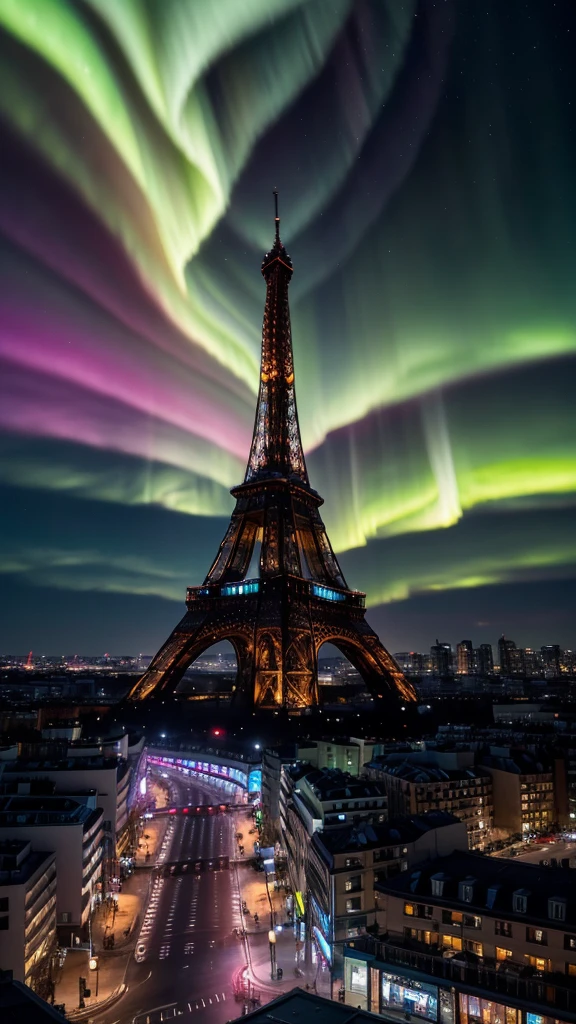 A striking double exposure concept unveils itself in a vivid watercolor rendering, portraying the Eiffel Tower amidst the vibrant spectacle of a powerful aurora borealis. Sweeping hues of yellow and black dance across the sky like invisible liquid ink, giving viewers a mesmerizing spectacle. Incorporating sharp focus, this studio photo by Greg Rutkowski is currently trending on Artstation for its intricate and highly detailed rendition. As, Watercolor, trending on artstation, sharp focus, studio
