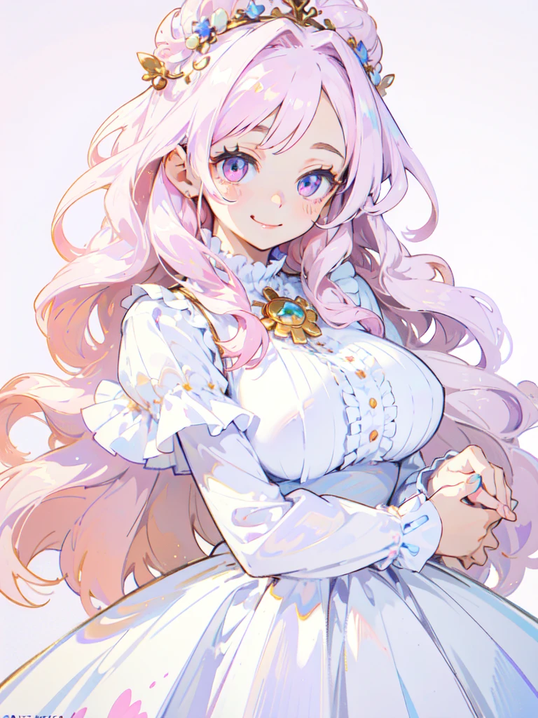 (masterpiece,Highest quality, Very detailed, beautiful, Exquisite, 16K, Full HD), ((smile,Happy:1.5)),get up,((Frills, Sparkling fluffy layered ball gown)), (Pink medium hair,Wavy Hair,Fluffy hair),(White skin,lavender eyes, Long eyelashes, Big eyes,Pale pink cheeks), (pastel colour,Fantasy art:1.2), (White Background:1.8) on all fours, big tits, showing the tongue