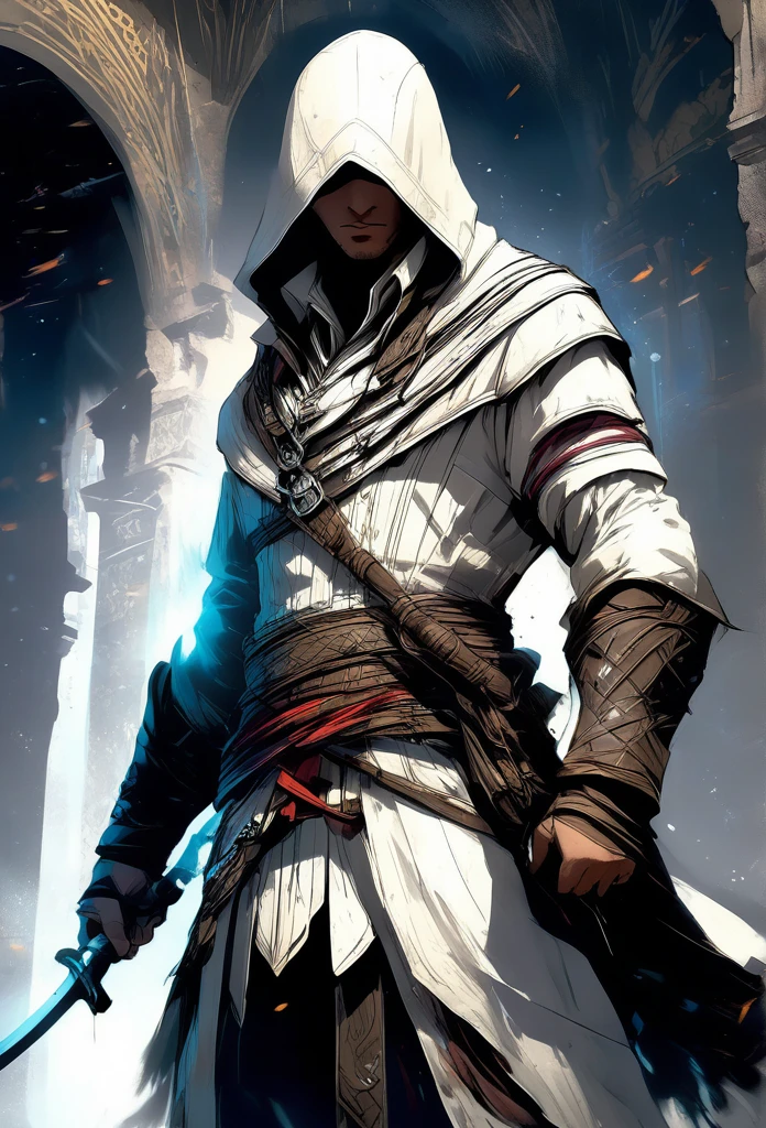 A highly detailed, cinematic illustration of an assassin from the Assassin's Creed universe:1.4, wearing a striking white hooded cloak and hidden blade, set against a moody, atmospheric background, dramatic lighting, intricate ornate architecture, photorealistic, digital art, concept art style.ac_neg1