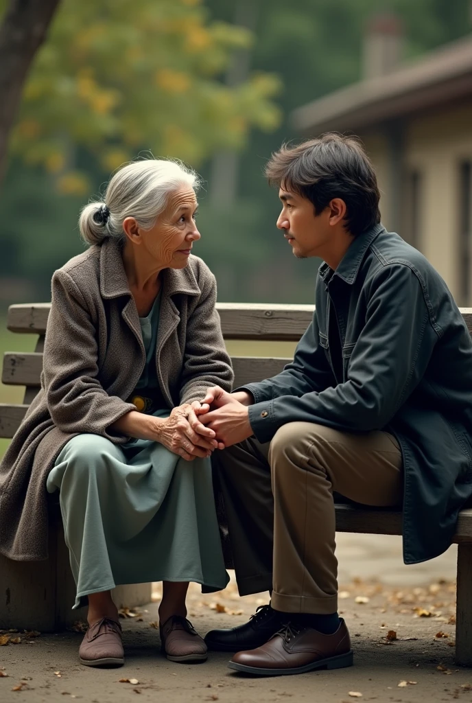 An elderly woman from a humble background is talking to a 27-year-old man on an old bench