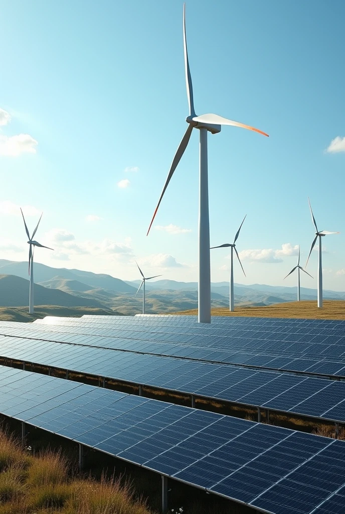 Realistic, high-resolution images of solar panels and wind turbines .
