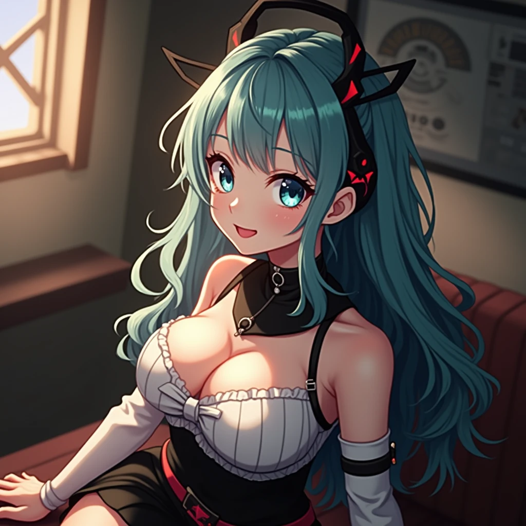 (best quality,ultra-detailed,realistic:1.37),cute anime girl,light blue hair,detailed eyes,detailed lips,smiling,wearing a cute outfit,cheerful expression,vibrant colors,soft lighting,anime style,fantasy background,playful pose,beautifully illustrated, vtuber, cyberpunk anime girl,