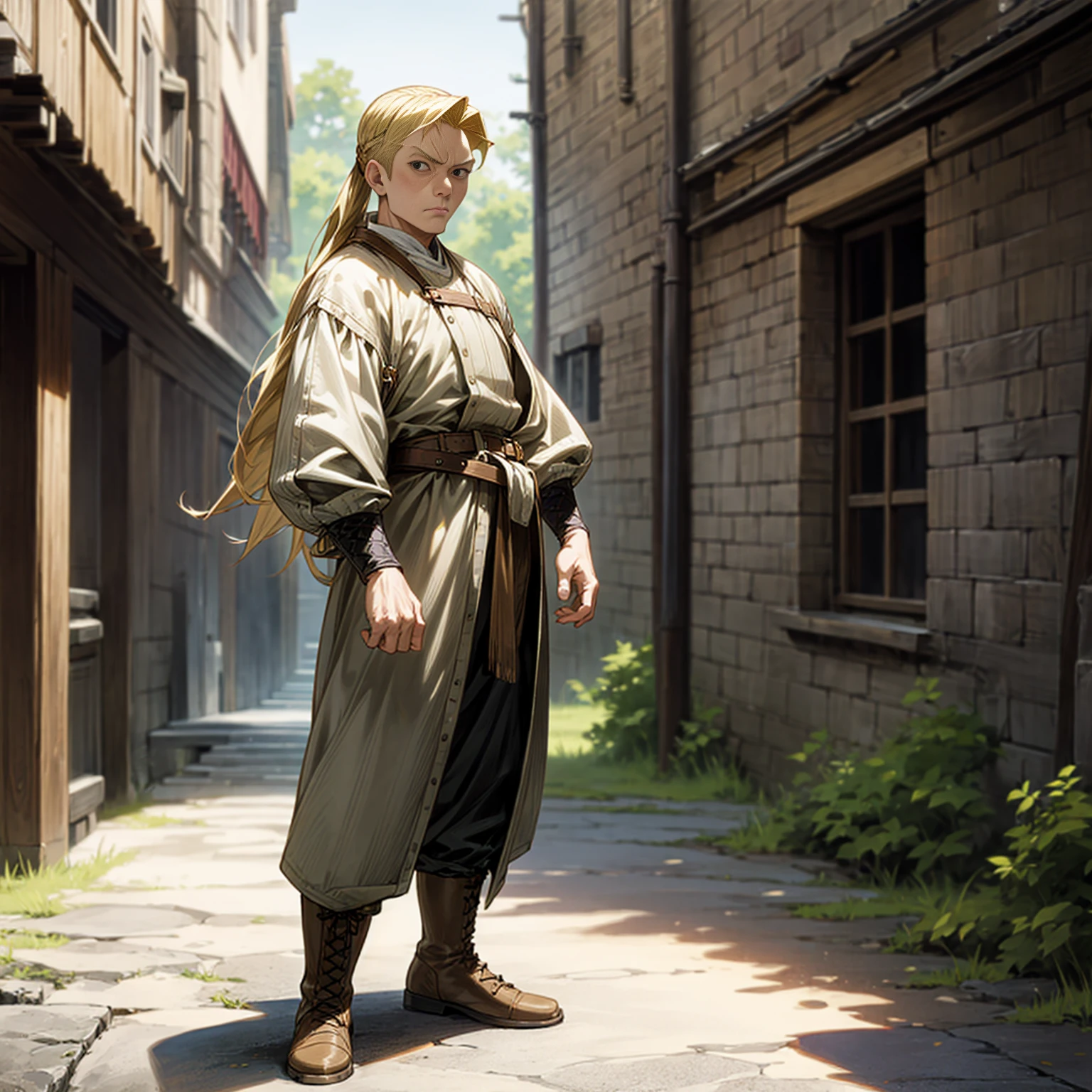 Solo character, full body version, old man, black eyes, blonde color hair, undercut long hair, casual clothing, boots, belt, outdoor, village, medieval, morning, standing gesture, detailed background, detailed clothing, detailed hair, (one piece style art), (Bleach style art)