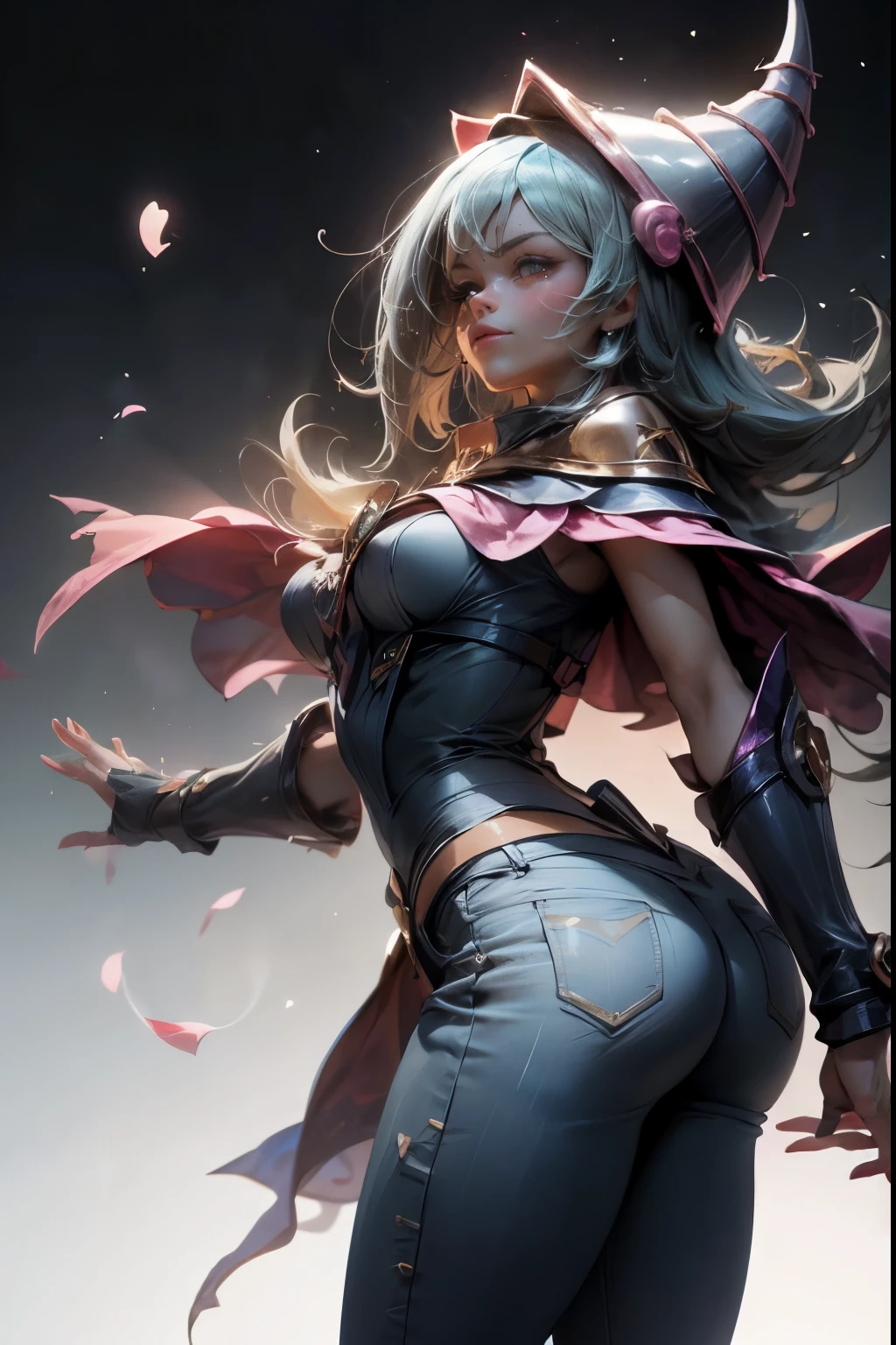 dark magician gils, with high-heels. Translucent pants, sexy, Subjective and sensual pose, standing showing her butt. And her white thong is marked. magic background. Magical heart in the air. magic circle