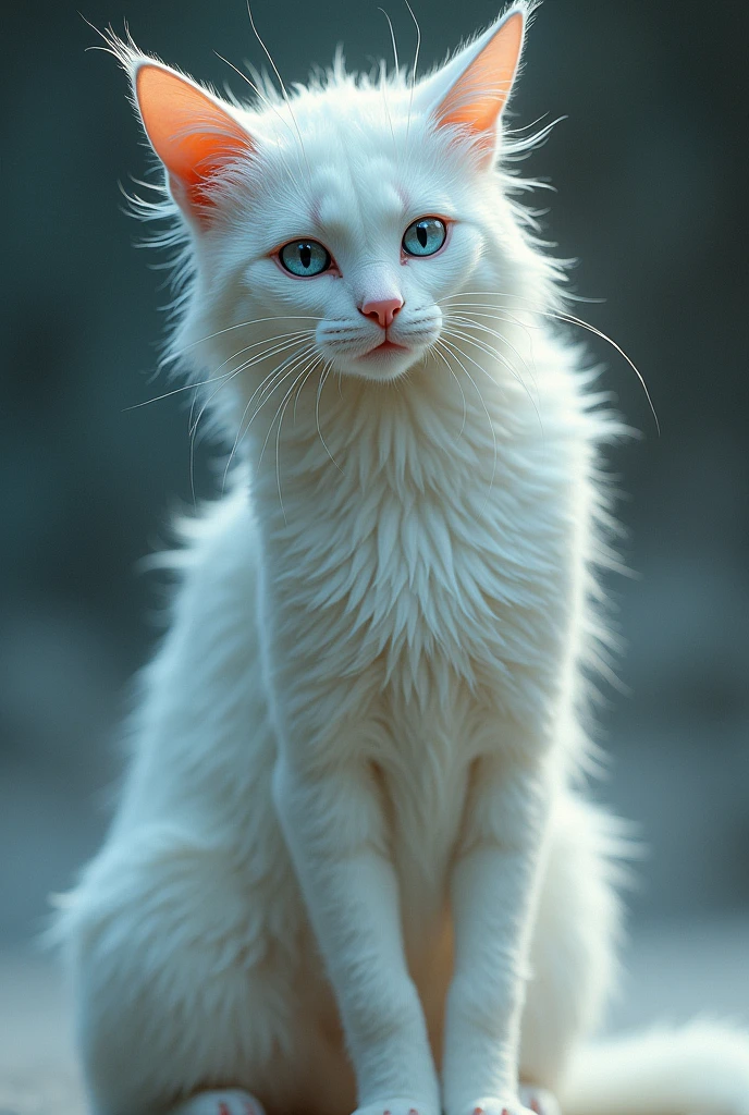 anthropomorphic, cat Woman, covered in white fur and blue eyes