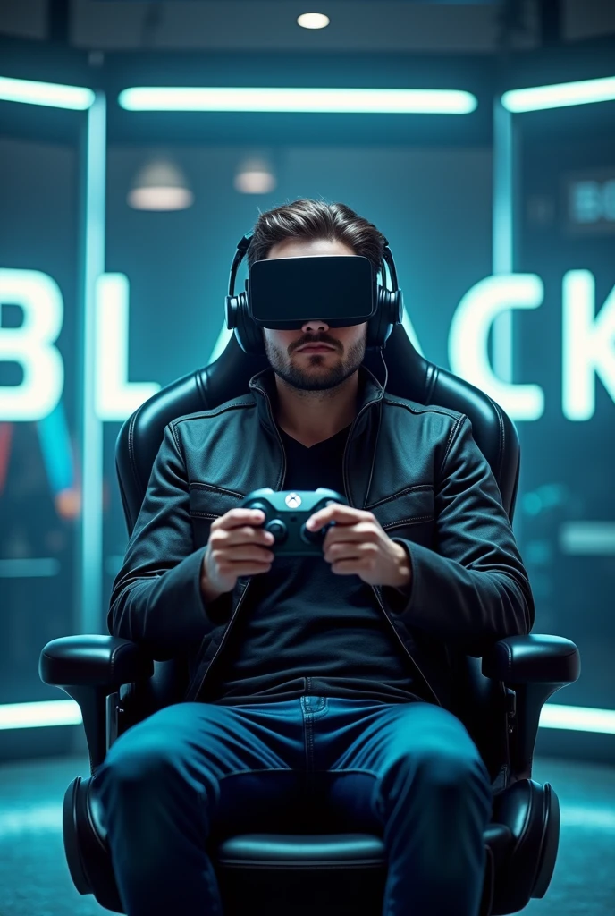 A character with 3D glasses holding an Xbox controller with a headset sitting in a gamer chair with the phrase black in all capital letters in bright gray in a futuristic environment with Marvel frames behind 