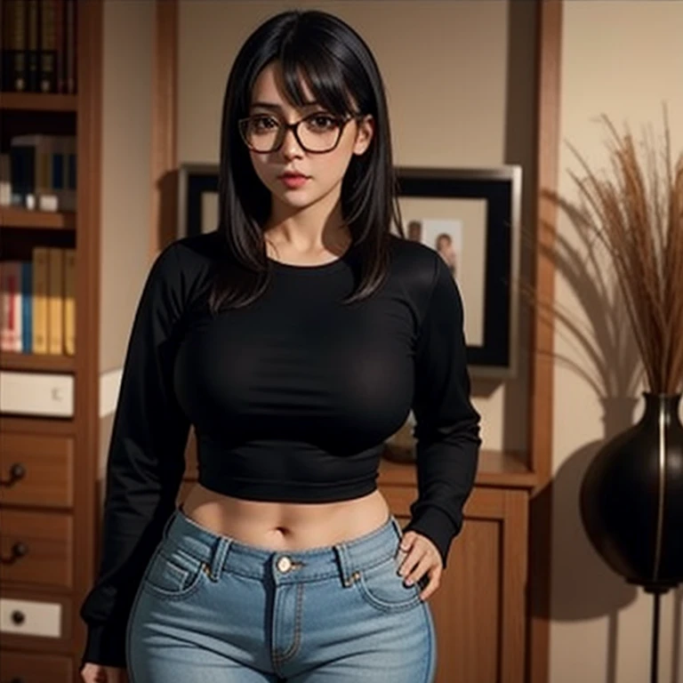 beautiful detailed, cute face, short, , medium black hair, black hair over one eye, glasses, long sleeve T-shirt, long pants, pearshaped wide hips, thick thighs, solo, voluptuous breasts,