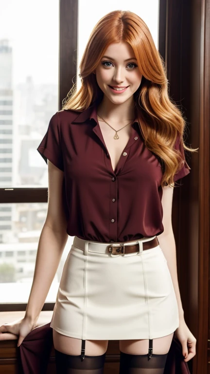 Katherine McNamara wearing low-cut blouse and short skirt with stockings and smiling