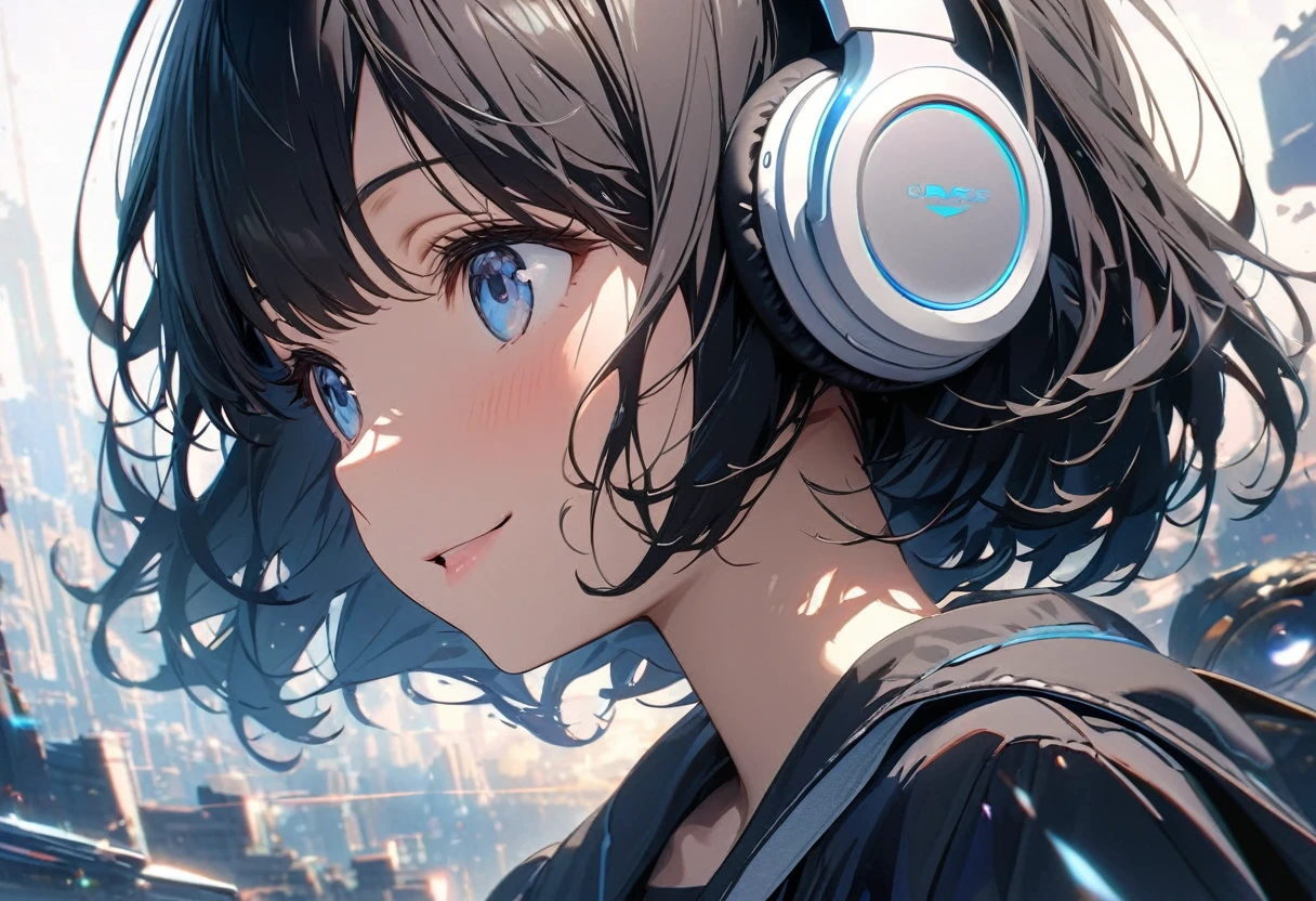 ((ultra-detailed))/three women: (one women with short black hair and bob hair.、beautiful blue eyes,.、smile、gentle smile on her face、flat chest, one Beautiful girl,((masterpiece, illustration, best quality) ((ultra-detailed))/solid white background, while wearing wireless white headphones, full upper body, )/),濃い青とBeautiful Blueのグラデーション, High resolution, 8K HD detail, hyper-detail, cinematic, surrealism, soft light, deep field focus bokeh, ray tracing and surrealism. --v6