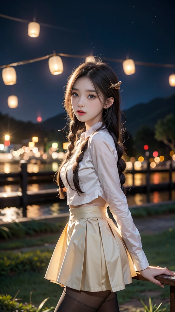 ulzzang-6500-v1.1, (RAW photo: 1.2), (Real photo), (Real photo: 1.4), 1 girl、Perfect anatomy、19 years old、Looking at the camera、Medium length hair、side braids, uniform short skirt, in a surreal royal garden, with many hanging lanterns, under the starry night sky, ((starry night: 1.1))、(Surreal tights: 1.2), (Business service)、Asian eyes Ella,