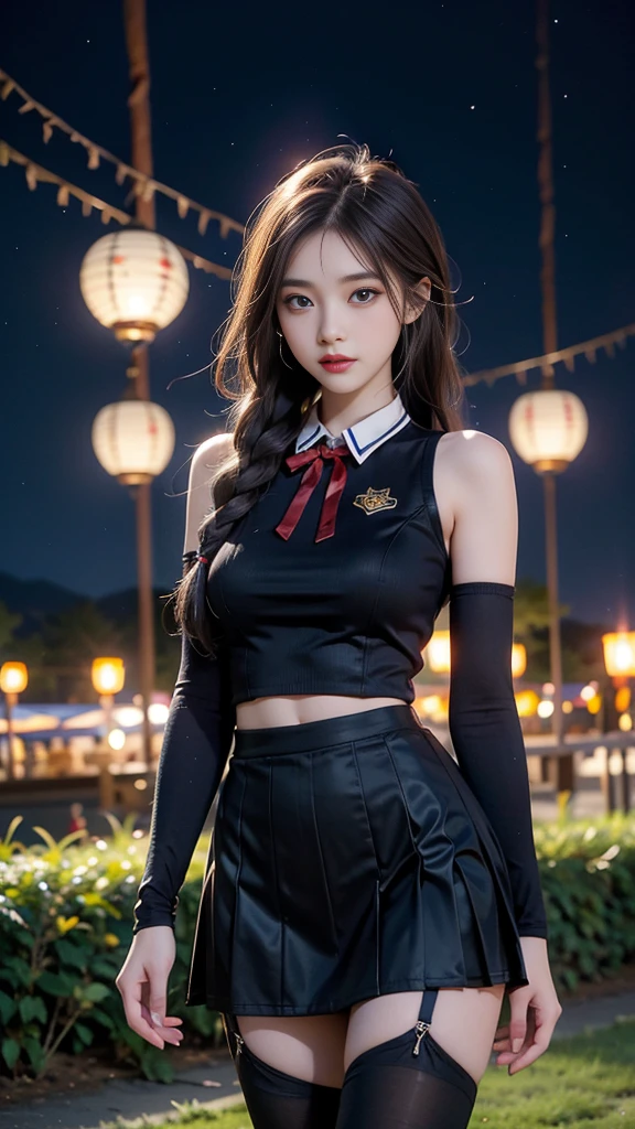 ulzzang-6500-v1.1, (RAW photo: 1.2), (Real photo), (Real photo: 1.4), 1 girl、Perfect anatomy、19 years old、Looking at the camera、Medium length hair、side braids, uniform short skirt, in a surreal royal garden, with many hanging lanterns, under the starry night sky, ((starry night: 1.1))、(Surreal tights: 1.2), (Business service)、Asian eyes Ella,