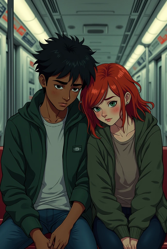 A young man with dark skin, black hair and coffee-colored brown eyes sitting next to his friend who has red hair, green eyes and fair skin with scabies on her cheeks.. They are sitting on a subway alone, I want them next to each other like they're tired