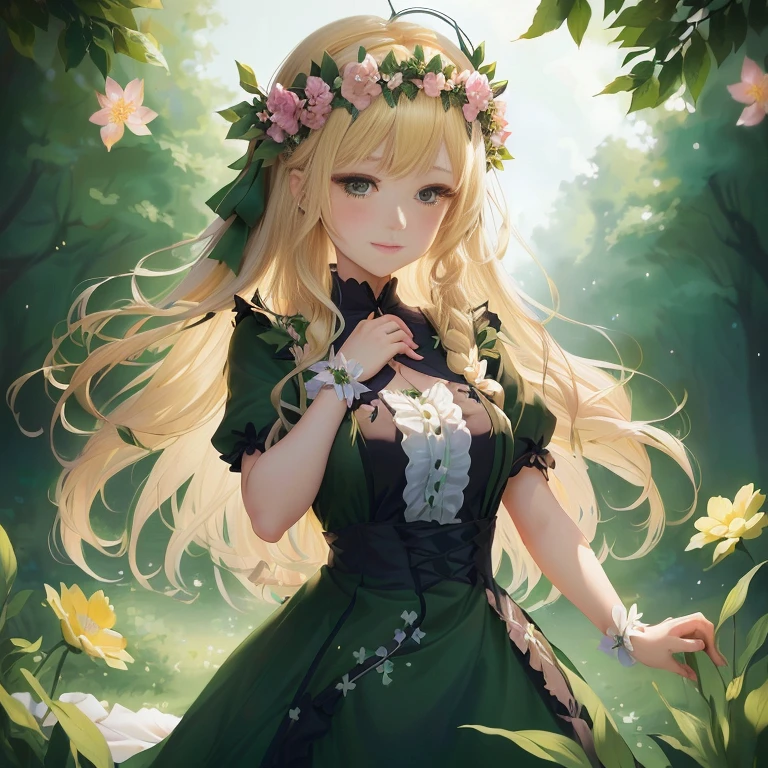 anime girl with long blonde hair wearing a green dress and a flower crown, a maid in a magical forest, in dress, cute anime waifu in a nice dress, portrait of loliblonde anime girl with long hair, beautiful anime portrait, blonde - haired princess, a sexy maid in a magical forest, beautiful anime girl, guweiz on pixiv artstation