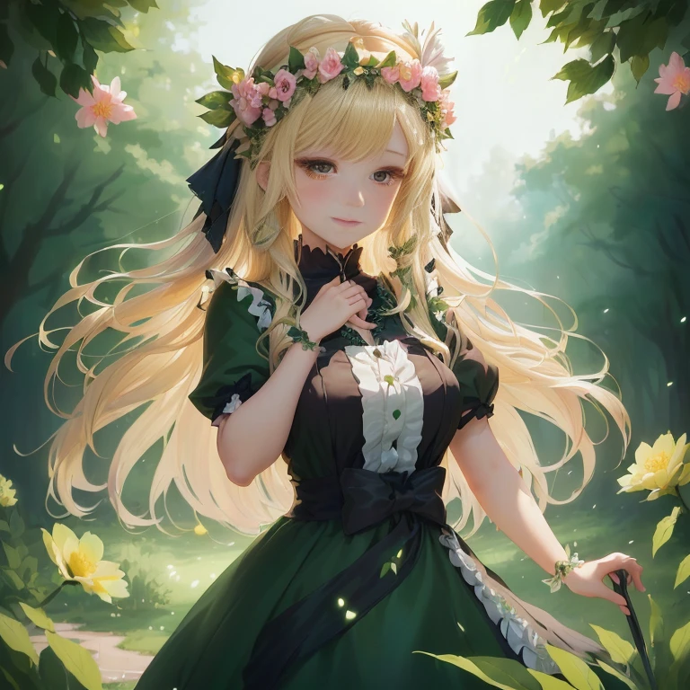 anime girl with long blonde hair wearing a green dress and a flower crown, a maid in a magical forest,  in dress, cute anime waifu in a nice dress, portrait of loliblonde anime girl with long hair, beautiful anime portrait, blonde - haired princess, a sexy maid in a magical forest, beautiful anime girl, guweiz on pixiv artstation