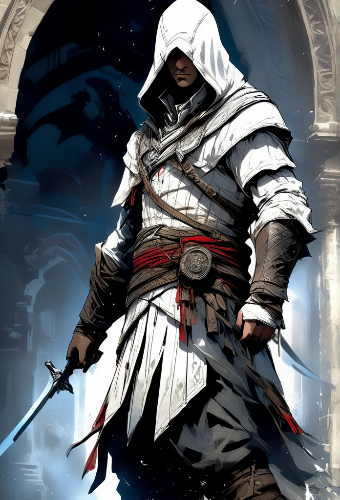 A highly detailed, cinematic illustration of an assassin from the Assassin's Creed universe:1.4, wearing a striking white hooded cloak and hidden blade, set against a moody, atmospheric background, dramatic lighting, intricate ornate architecture, photorealistic, digital art, concept art style.ac_neg1