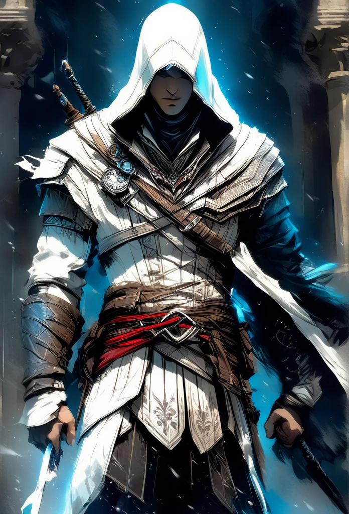 A highly detailed, cinematic illustration of an assassin from the Assassin's Creed universe:1.4, wearing a striking white hooded cloak and hidden blade, set against a moody, atmospheric background, dramatic lighting, intricate ornate architecture, photorealistic, digital art, concept art style.ac_neg1