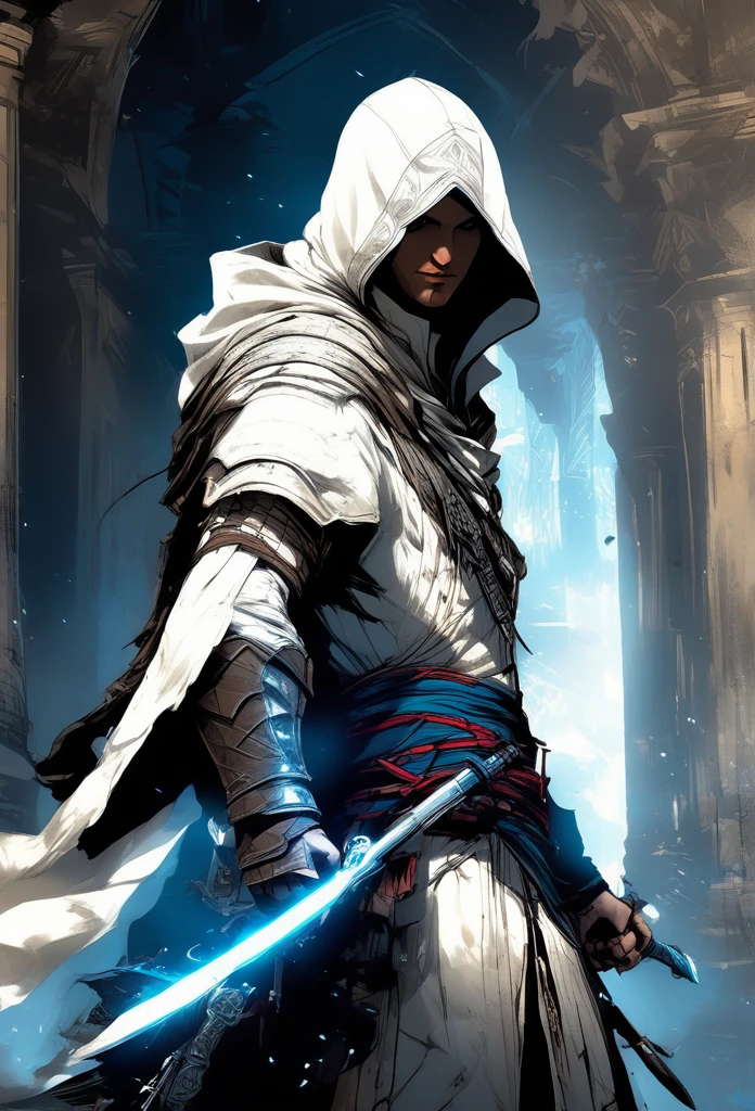 A highly detailed, cinematic illustration of an assassin from the Assassin's Creed universe:1.4, wearing a striking white hooded cloak and hidden blade, set against a moody, atmospheric background, dramatic lighting, intricate ornate architecture, photorealistic, digital art, concept art style.ac_neg1