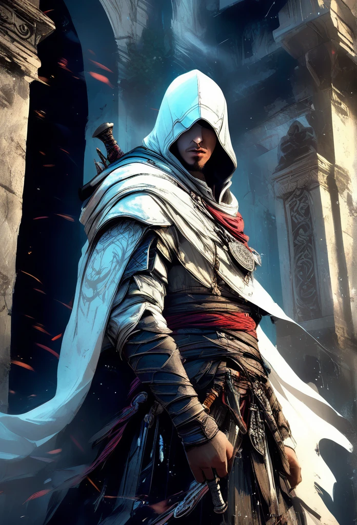 A highly detailed, cinematic illustration of an assassin from the Assassin's Creed universe:1.4, wearing a striking white hooded cloak and hidden blade, set against a moody, atmospheric background, dramatic lighting, intricate ornate architecture, photorealistic, digital art, concept art style.ac_neg1