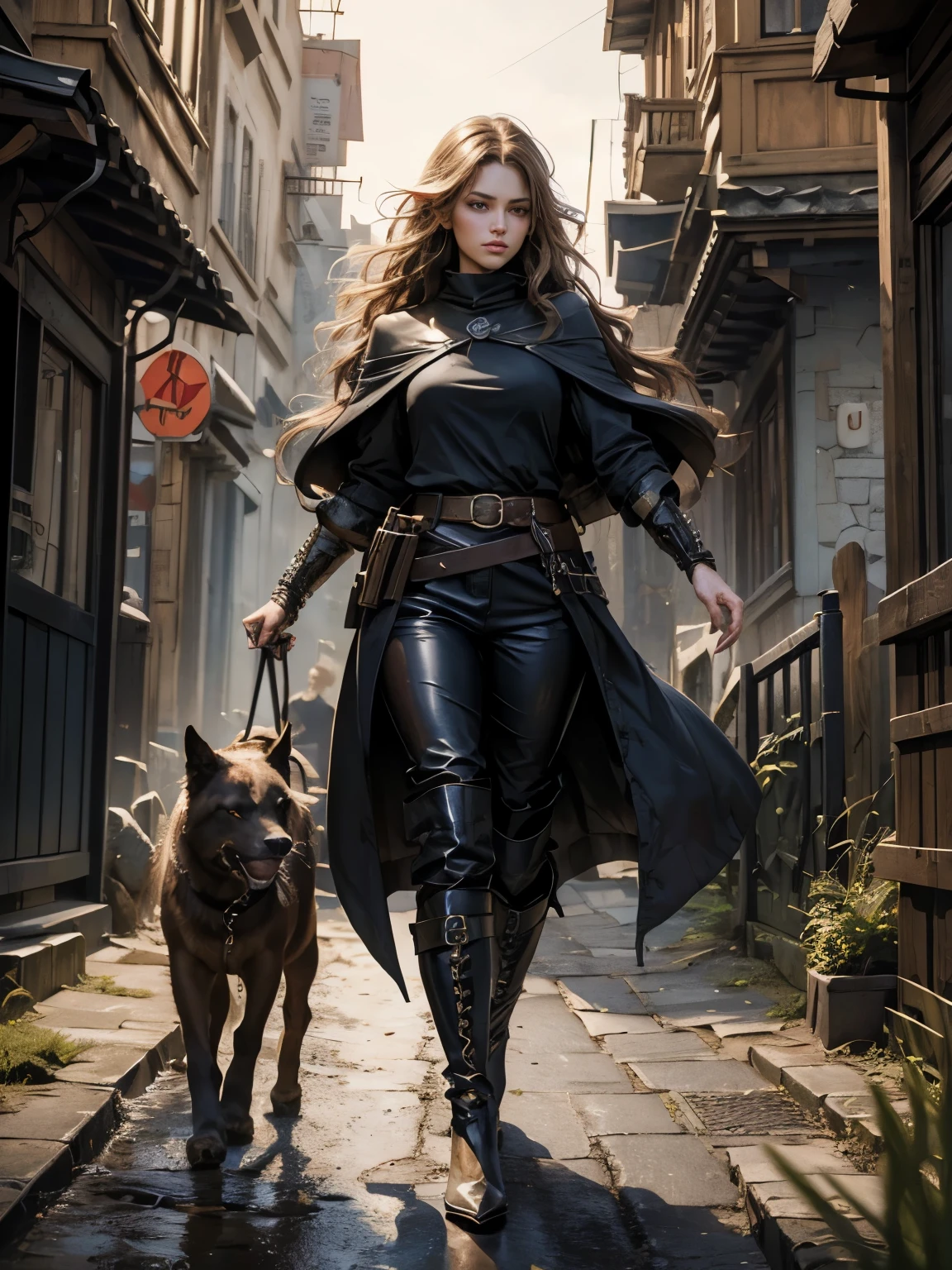 ((Medieval fantasy setting)). Tags: super detail, high details, high quality, best quality, highres, 4K, detailed face, face fix, detailed hands, detailed fingers, portret, 1girl "Echo is a 22-year-old half-elf. She has light brown skin. Thick light chestnut hair with caramel highlights and soft waves. Brown eyes with green hues. Her beautiful face is oval with soft features and pronounced cheekbones. She has full and attractive lips with a natural blush. A slight scar over her right eyebrow. Her ears are small like a human's but pointed like an elf's. Her physique is athletic and slim, she toned and flexible. She has a round and elastic body shapes."
Clothing. Coat: A long, dark blue coat with a high collar. The coat is made of durable fabric, with hidden metal plates inside for protection. A dark silk lining conceals several interior pockets for storing small items or hidden amulets.
Pants: Dark black leather pants with decorative seams that create the impression of everyday wear. They have hidden pockets for small weapons such as throwing knives.
Belt: A wide leather belt with several buckles and a hidden compartment for a thin dagger. The belt has an ordinary appearance, but its design allows you to hide a weapon.
Boots: Dark blue mid-height boots that look like normal shoes, but inside have hidden metal inserts on the toes and heels to protect the feet.
Background: A wide street of a medieval city, mud underfoot, ruts in the mud from cart wheels. Wet.
Tags: Nipple Outline, Cameltoe, covered nipples, covered pussy
