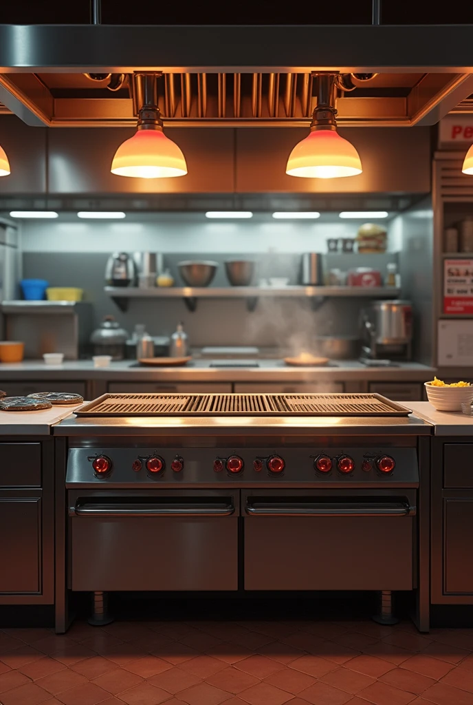 A burger joint kitchen with no people in front of the grill 