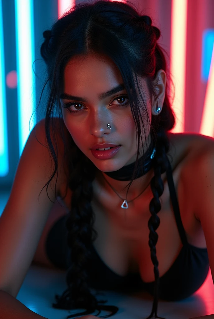 indian woman, young, naked, three braids, septum piercing, dimples, thick collar around neck, naughty expression, woman laying on floor, black latex bodysuit, neon lights, close-up, UHD, retina, masterpiece, accurate, anatomically correct, textured skin, super detail, high details, high quality, award winning, best quality, highres
