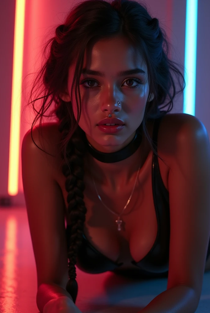 indian woman, young, naked, three braids, septum piercing, dimples, thick collar around neck, naughty expression, woman laying on floor, black latex bodysuit, neon lights, close-up, UHD, retina, masterpiece, accurate, anatomically correct, textured skin, super detail, high details, high quality, award winning, best quality, highres