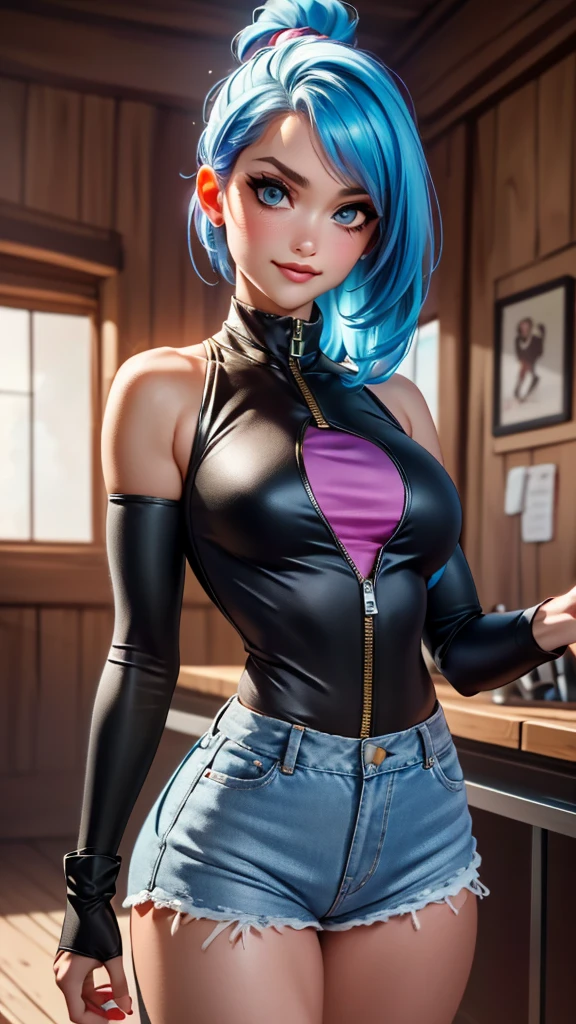 Image of Chloe Price costume in Overwatch - Character Creator Screen:
An intricately detailed, alluring portrait of Chloe Price, Donut Shop proprietor and protagonist from Life is Strange, as she adopts her Overwatch character. This breathtaking image, rendered in 8K high quality, is reminiscent of a stunningly realistic photo, showcasing Chloe's youthful visage, with her distinct strikingly blue eyes and a hint of her signature mischievous smile.
Positioned in the Overwatch character creator screen, the design of her costume is faithful to her original appearance - a long-sleeved purple top, distressed denim shorts