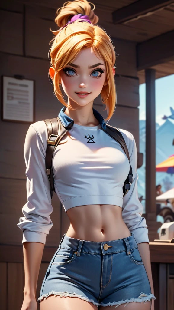 Image of Chloe Price costume in Overwatch - Character Creator Screen:

An intricately detailed, alluring portrait of Chloe Price, Donut Shop proprietor and protagonist from Life is Strange, as she adopts her Overwatch character. This breathtaking image, rendered in 8K high quality, is reminiscent of a stunningly realistic photo, showcasing Chloe's youthful visage, with her distinct strikingly blue eyes and a hint of her signature mischievous smile.

Positioned in the Overwatch character creator screen, the design of her costume is faithful to her original appearance - a long-sleeved purple top, distressed denim shorts