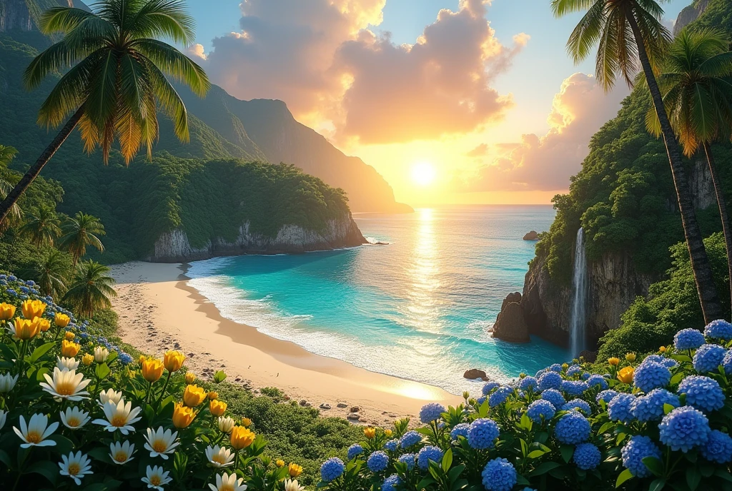 Create an extraordinarily beautiful and surreal tropical island that surpasses the beauty of any known destination, including Fernando de Noronha. This island, a true paradise, features lush, vibrant greenery that stretches across the landscape, intertwined with fields of white tulips, yellow daisies, and striking blue roses. The setting sun, large and golden, descends towards the horizon, casting a warm, ethereal light across the scene, with its rays reflecting off the serene, turquoise ocean.
The island's pristine beach is framed by soft, powdery white sand, gently caressed by crystal-clear waters that shimmer under the fading sunlight. Palm trees, towering and elegant, sway lightly in the tropical breeze, while the flora is enriched with exotic, colorful plants, adding layers of texture and beauty to the environment. The composition includes towering cliffs adorned with cascading waterfalls, and hidden coves that invite exploration, all enveloped in a tranquil, untouched atmosphere.
This island is the epitome of a tropical dream, where every detail, from the vibrant flora to the peaceful waves, is meticulously crafted to evoke a sense of awe and serenity. The setting is so perfect, so breathtaking, that it would undoubtedly be crowned the best beach in the world by any leading travel magazine. Utilize advanced AI techniques to ensure a photorealistic, hyper-detailed representation that captures the imagination and transports the viewer to this ultimate tropical haven.