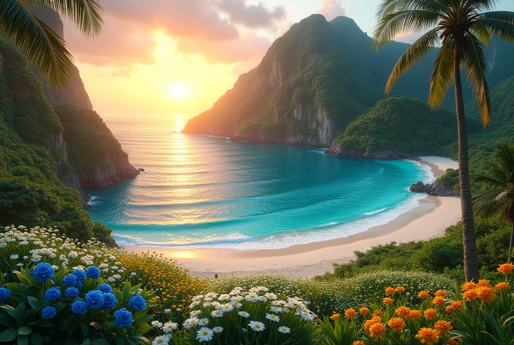 Create an extraordinarily beautiful and surreal tropical island that surpasses the beauty of any known destination, including Fernando de Noronha. This island, a true paradise, features lush, vibrant greenery that stretches across the landscape, intertwined with fields of white tulips, yellow daisies, and striking blue roses. The setting sun, large and golden, descends towards the horizon, casting a warm, ethereal light across the scene, with its rays reflecting off the serene, turquoise ocean.

The island's pristine beach is framed by soft, powdery white sand, gently caressed by crystal-clear waters that shimmer under the fading sunlight. Palm trees, towering and elegant, sway lightly in the tropical breeze, while the flora is enriched with exotic, colorful plants, adding layers of texture and beauty to the environment. The composition includes towering cliffs adorned with cascading waterfalls, and hidden coves that invite exploration, all enveloped in a tranquil, untouched atmosphere.

This island is the epitome of a tropical dream, where every detail, from the vibrant flora to the peaceful waves, is meticulously crafted to evoke a sense of awe and serenity. The setting is so perfect, so breathtaking, that it would undoubtedly be crowned the best beach in the world by any leading travel magazine. Utilize advanced AI techniques to ensure a photorealistic, hyper-detailed representation that captures the imagination and transports the viewer to this ultimate tropical haven.