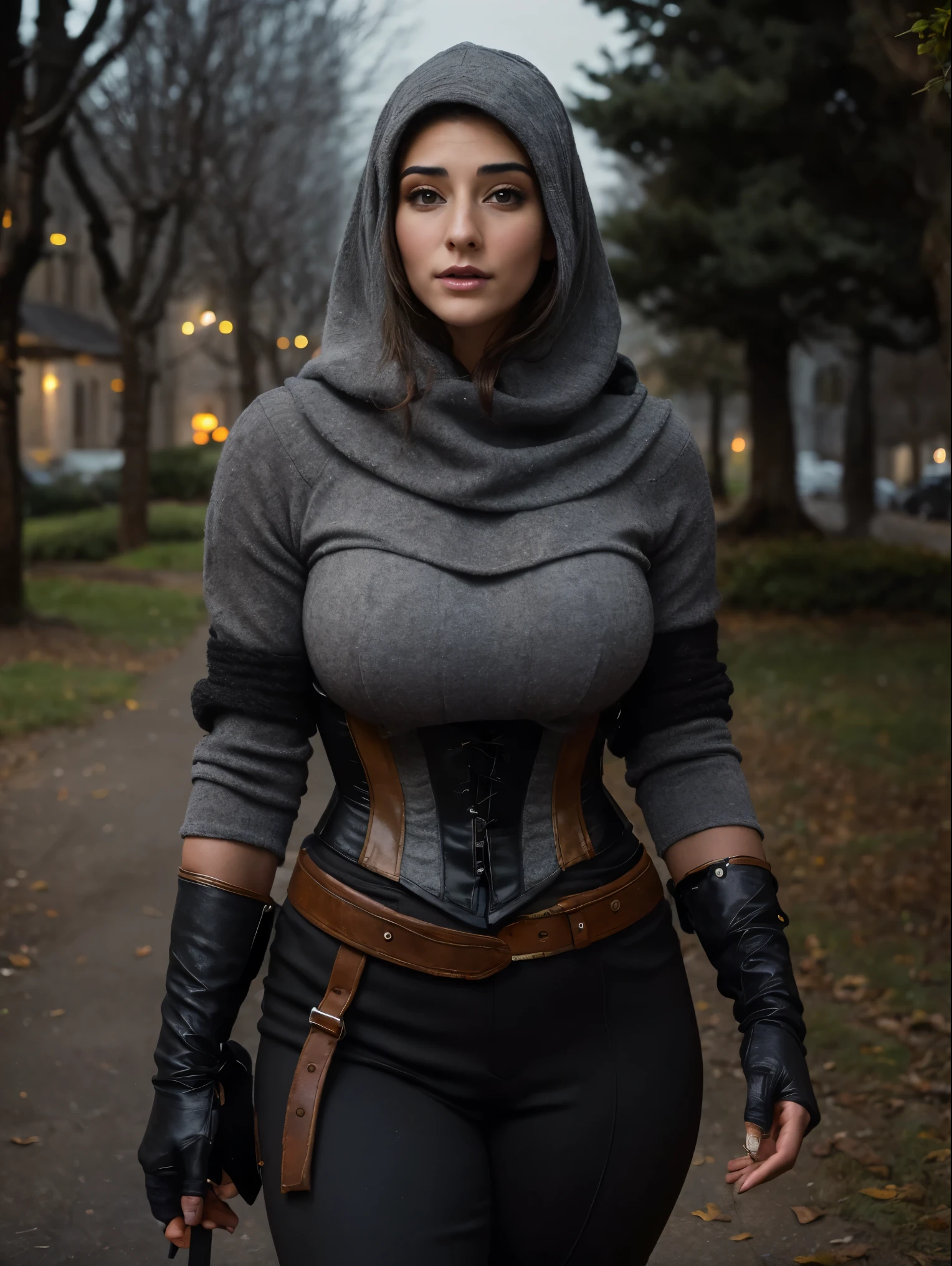 Gorgeous and sultry busty athletic (thin) brunette rogue with sharp facial features wearing a wide hood, medieval hair cover, rough-spun grey and black medieval thief attire, mask, long sleeves, loose sleeves, tunic, cowl, gloves, breeches, trousers, corset, Middle Ages, village, exterior, trees, countryside, nighttime, moonlight. large breasts.