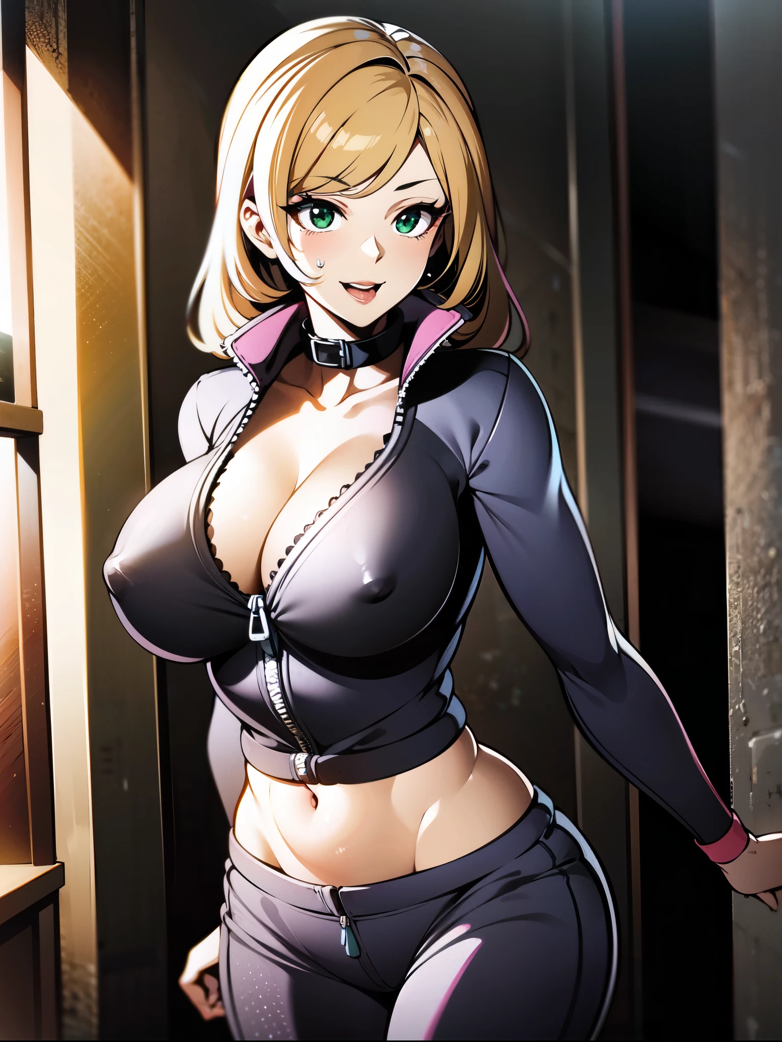 ((super high quality,Ultra-high resolution,4K,8k,super masterpiece,Ultra HD)),Dimly lit room at night,One Woman,Sweatsuit,Large collar,Open collar,Tight collar,Zipper from neck to navel,Cleavage,sexly,smile,