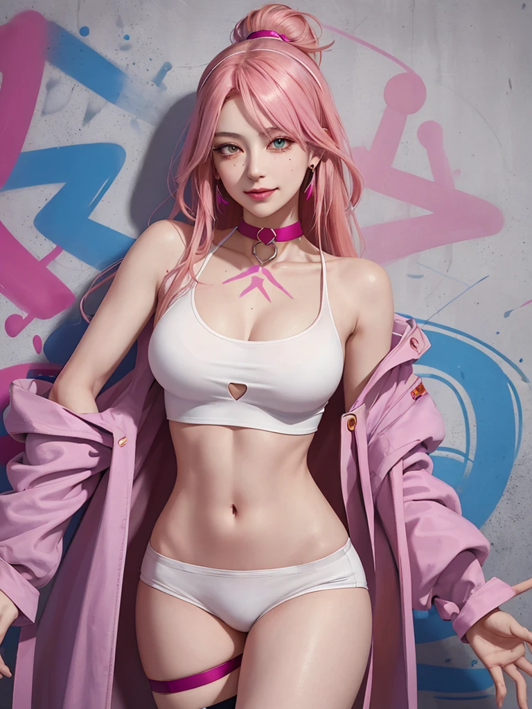 (Masterpiece, best quality, 1 girl, alone, complicated details, Chromatic aberration), realistic, ((Moderate breath)),long hair, pink hair, Red headpiece, Pink Highlights, hair on one eye,purple eyes, earring, sharp eyes, choker, Neon coat, She wears a collar, bangle, and kimono style garters., crop top, (symmetrical eyes),(Perfect symmetrical body),against the wall, Brick wall, (colorful graffiti words on the wall:1.2), The light is dim., alley ,Look at the viewer.、Dig the chest、smile、(sleeveless、Navel touch、Fitted turtleneck.)、street string hot pants、Thin bottom、Please build above the eaves..、Thin shoulders、in underwear、