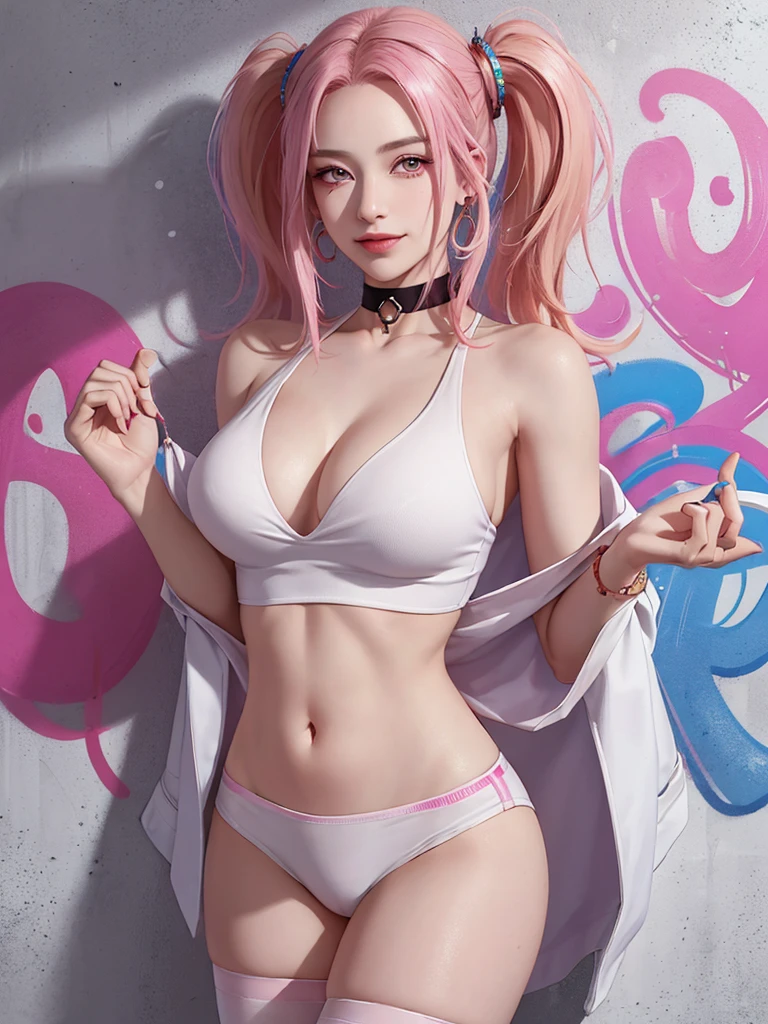 (Masterpiece, best quality, 1 girl, alone, complicated details, Chromatic aberration), realistic, ((Moderate breath)),long hair, pink hair, Red headpiece, Pink Highlights, hair on one eye,purple eyes, earring, sharp eyes, choker, Neon coat, She wears a collar, bangle, and kimono style garters., crop top, (symmetrical eyes),(Perfect symmetrical body),against the wall, Brick wall, (colorful graffiti words on the wall:1.2), The light is dim., alley ,Look at the viewer.、Dig the chest、smile、(sleeveless、Navel touch、Fitted turtleneck.)、street string hot pants、Thin bottom、Please build above the eaves..、Thin shoulders、in underwear、