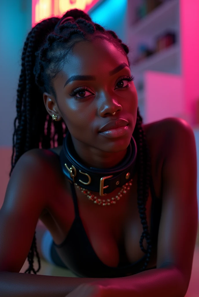 nigerian woman, young, naked, three braids, golden braid beads, septum piercing, dimples, thick collar around neck, naughty expression, woman laying on floor, red latex bodysuit, neon lights, close-up, UHD, retina, masterpiece, accurate, anatomically correct, textured skin, super detail, high details, high quality, award winning, best quality, highres
