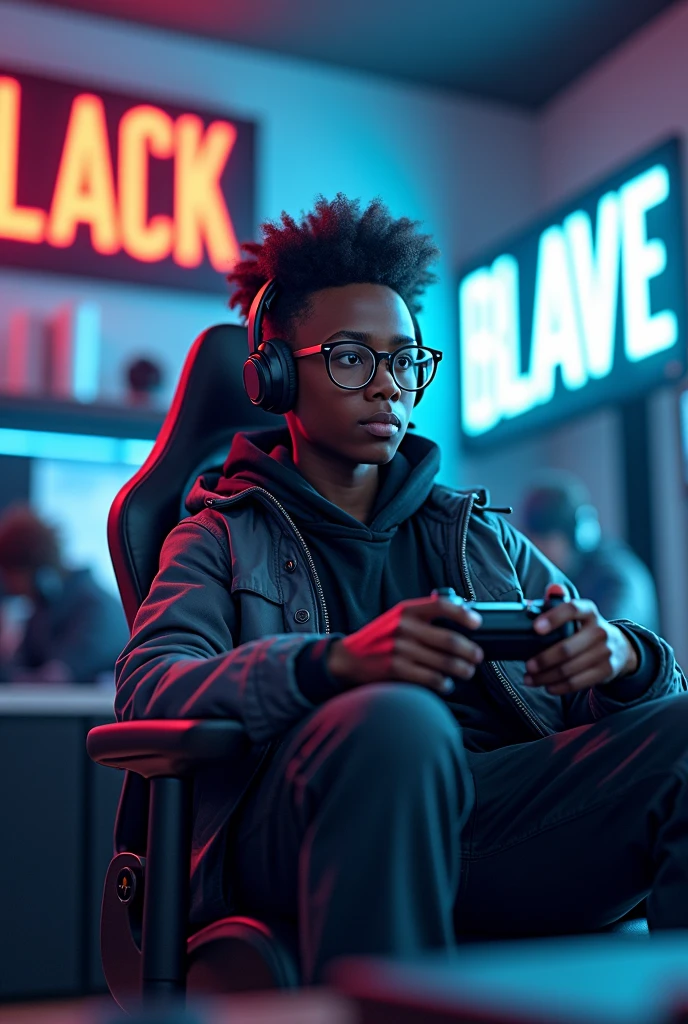 A young black character with glasses, 3d holding an xbox controller with a headset sitting in a gamer chair with the phrase black in all capital letters in bright gray in a futuristic environment with marvel frames behind