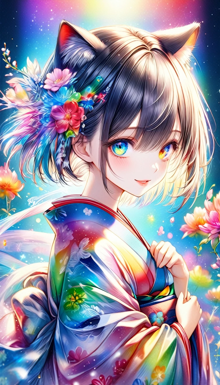 (((masterpiece))), (((Highest quality)))(, (Ultra-detailed)), A fusion of watercolor and oil painting, Psychedelic world, Commemorative photo, Japanese Kimono,cute, beautiful girl, ta, 15-ycute girl, (Look forward), (Looking at this), (Very delicate and beautiful face), (Beautiful eyes in every detail), ((((Heterochromia Iridum - Red and Blue Eye Color))))、Through the bangs,Black Hair,Bob ,Cat ear,髪の色と同じ色のCat ear , Beautiful attention to detail, Beautiful lip detail, Highly detailed face, Attractive eyes, Long eyelashes, smile, Open your mouth a little, One Girl, Digital Art, pastel colour, ((Use the rainbow as your main color)),Vibrant colors,fantasy art pieces,dream-like,Mythical fantasy with rainbow accents,Fairytale Fantasy, (((Translucent rainbow))),Subtle iridescent details,Gives off an aura of magic,Exquisite detail,Character clothing should be designed in kimono, Heavenly, Flowers,Soft lighting, Cinematic, romantic, baby doll、Framing above the chest, Colorful gel background, Fractal Floral Background, Sparkling, Perfect lighting, Sharp focus, High resolution, High resolution,High color rendering, High resolution
