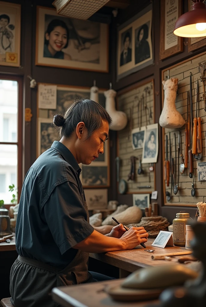 ((Japan))Taxidermy studio in、((Old photos on the wall))、その写真はJapan人剥製師とJapan人の若い女性とのツーショットの笑顔の写真だった、That's how it is々Tools were hanging(((It was pinned to the wall of the workshop.)))