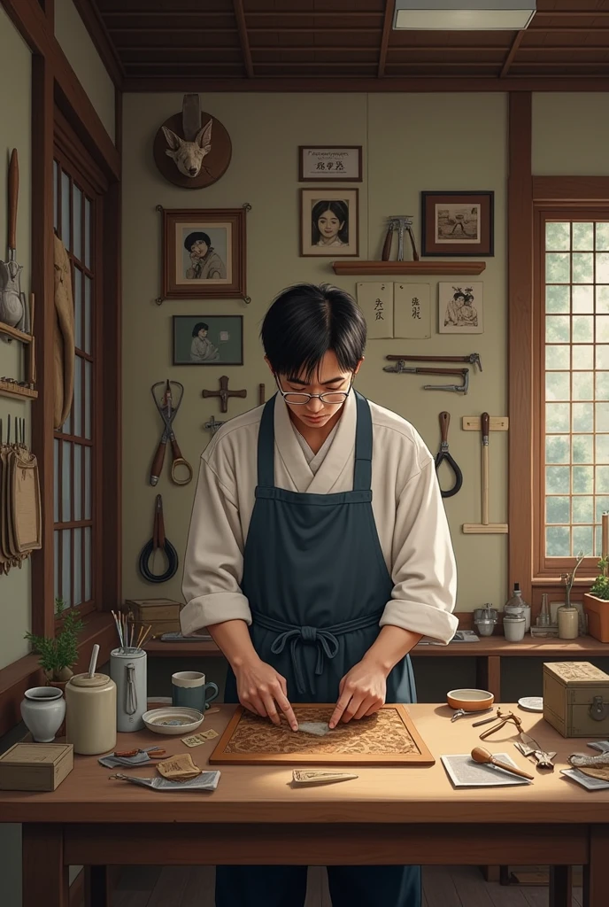 ((Japan))Taxidermy studio in、((Old photos on the wall))、その写真はJapan人剥製師とJapan人の若い女性とのツーショットの笑顔の写真だった、That's how it is々Tools were hanging(((It was pinned to the wall of the workshop.)))
