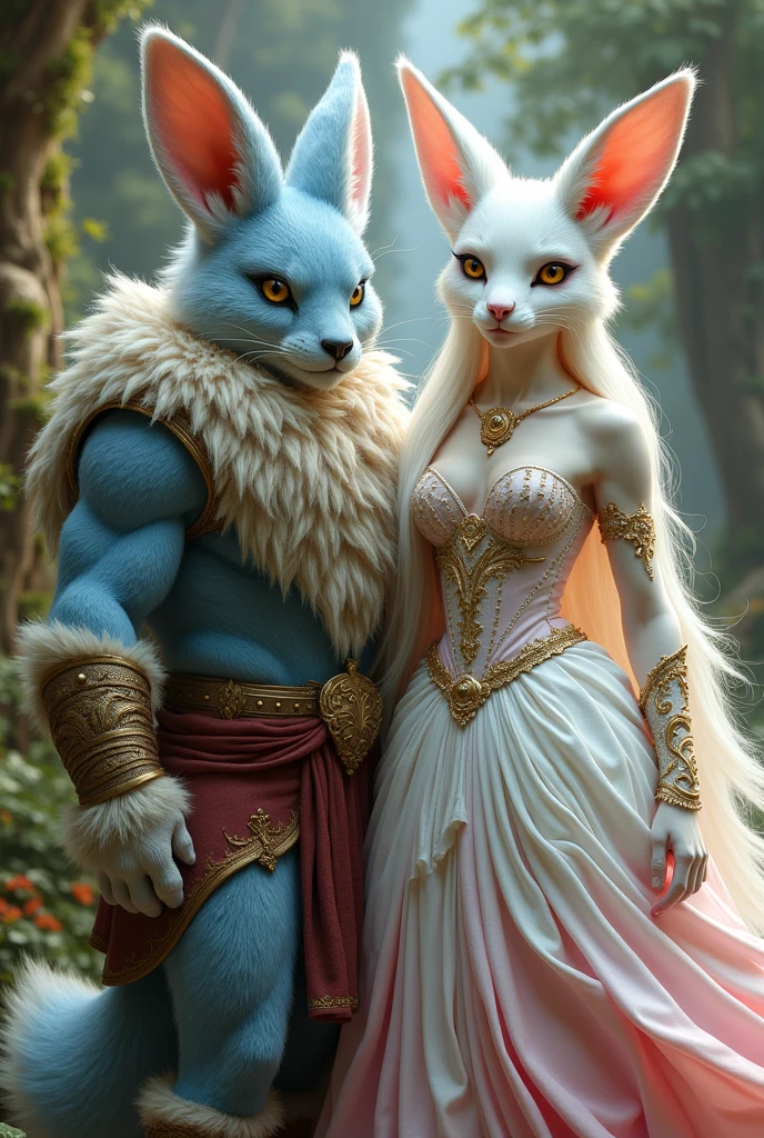 A princess in the form of an albino fox, ojos amarillos con un vestido blanco con rosa de mucho dinero con su novio en forma de conejo fuerte blue con ropa rasgada, blue