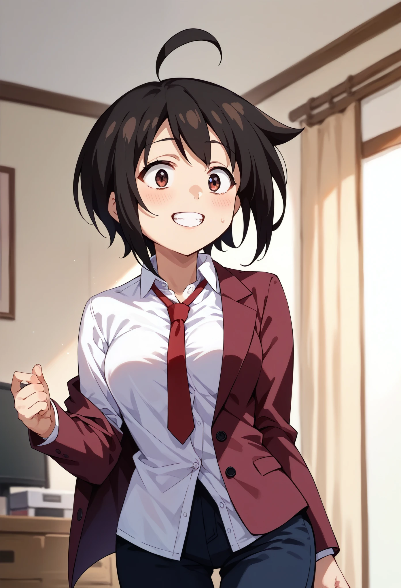 score_9, score_8_up, score_7_up, 1girl, solo,medium breasts, sakuTomo, black hair, short hair, ahoge, maroon blazer, unbuttoned blazer, long sleeves, white shirt, untied red necktie, dark blue pants, standing, cowboy shot, surprised, grin, looking down, bedroom,