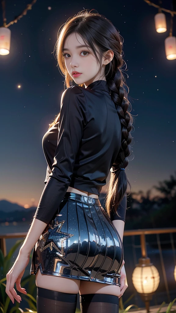 ulzzang-6500-v1.1, (RAW photo: 1.2), (Real photo), (Real photo: 1.4), 1 girl、Perfect anatomy、19 years old、Looking at the camera、((from behind)), Medium length hair、side braids, uniform short skirt, in a surreal royal garden, with many hanging lanterns, under the starry night sky, ((starry night: 1.1))、(Surreal tights: 1.2), (Business service)、Asian eyes Ella,