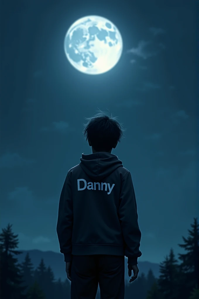 An image with someone with their back turned looking at the moon and with Danny's name on their back