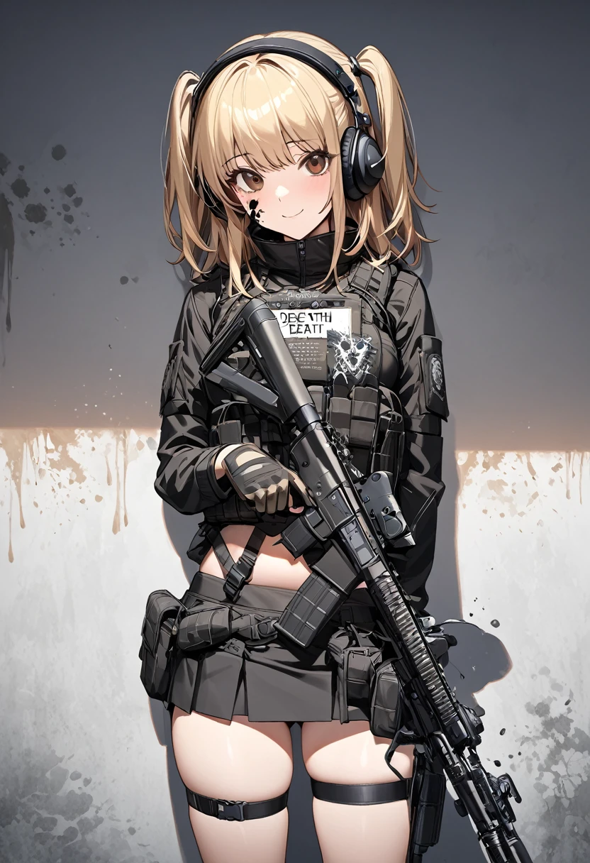 masterpiece, Best Quality, 18 years,  beautiful young woman, 1 girl,  on the wall paint splatter, arms behind the back, against the wall, looking at the viewer,  thigh strap, paint on body, nod, bored, belly button, tenure, arma tenure arma, military, Assault rifle,cargo vest, using tactical equipment, tactical girl,short skirt, beautiful slim body, long blonde hair, Brown eyes,medium breasts, uniforme military negro, stop four (Death Note), headphones, two side up, two little pigtails up, smiling