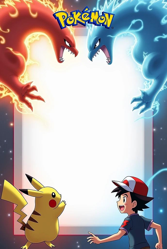 I apologize for the confusion. I understand now that you want to use the dynamic battle scene as the background for the entire template. Let me provide a revised prompt that accurately reflects your request:
"Create a Pokemon-themed invitation template with two layers:
Background Layer:
Use the provided dynamic battle scene as the full background. This image shows two legendary Pokemon in intense combat - one using fire-type moves with warm colors (red and orange), and the other using water-type moves with cool colors (blue and cyan). The battle should fill the entire background, creating a vibrant and energetic backdrop.
Foreground Layer:
Overlay a semi-transparent white rectangle with rounded corners in the center, taking up about 70% of the template's height and 90% of its width. This area should be empty to allow space for TCG card images.
At the top of this white space, position a semi-transparent 'Pokemon' logo in light blue and yellow.
In the bottom left corner of the white area, place more realistic versions of Ash (as ) and Pikachu, occupying about 20% of the template's height.
Add a red border at the very top of the template, a thin black line beneath it, and a gray section at the bottom, as in the original template.
The overall effect should be a dynamic, colorful background with a clean, semi-transparent white area for content overlay, combining the energy of Pokemon battles with a functional design for showcasing TCG cards."