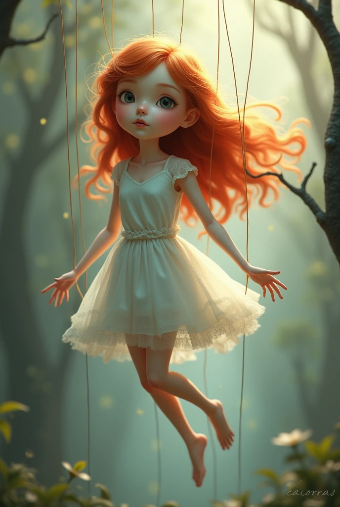 A redhead girl floating and she's a puppet
