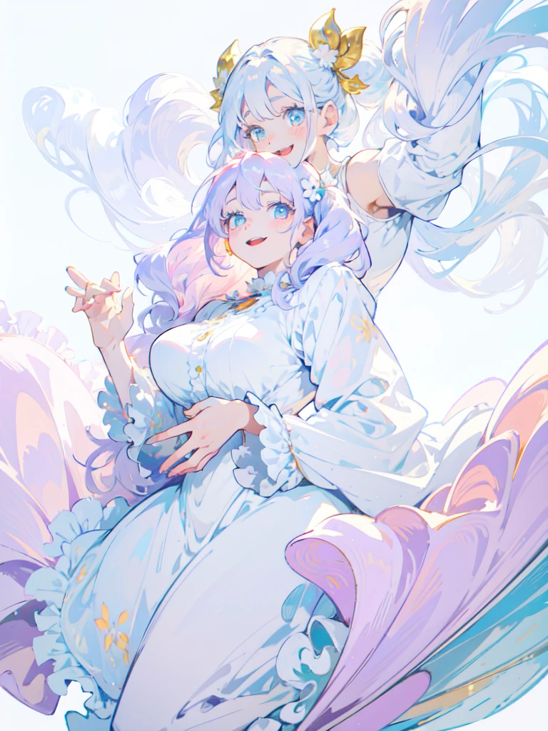 Hatsune miku, (masterpiece,Highest quality, Very detailed, beautiful, Exquisite, 16K, Full HD), ((smile,Happy:1.5)),get up,((Frills, Sparkling fluffy layered ball gown)), (Wavy Hair,Fluffy hair),(White skin,lavender eyes, Long eyelashes, Big eyes,Pale pink cheeks), (pastel colour,Fantasy art:1.2), (White Background:1.8) on all fours, big tits, showing the tongue