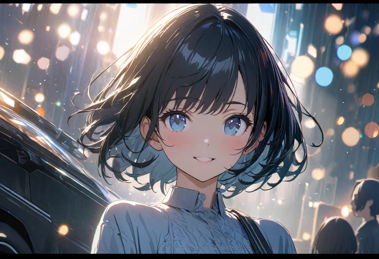 ((ultra-detailed))/three women: (one women with short black hair and bob hair.、beautiful blue eyes,.、smile、gentle smile on her face、flat chest, one Beautiful girl,((masterpiece, illustration, best quality) ((ultra-detailed))/),濃い青とBeautiful Blueのグラデーション, High resolution, 8K HD detail, hyper-detail, cinematic, surrealism, soft light, deep field focus bokeh, ray tracing and surrealism. --v6